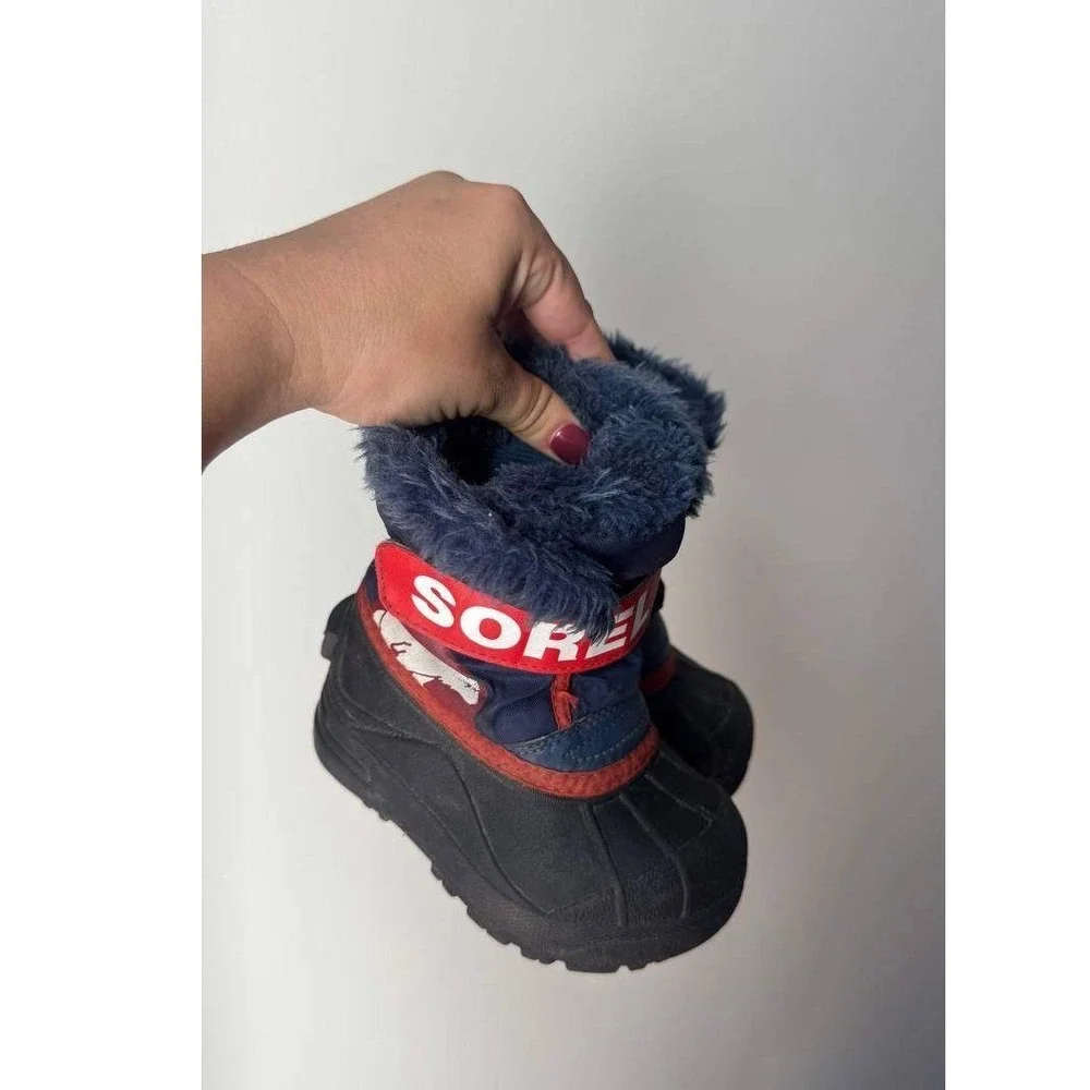 Sorel Snow Commander Toddler 7 Navy Red Snow Boots Bear Graphic Y2K Outdoor